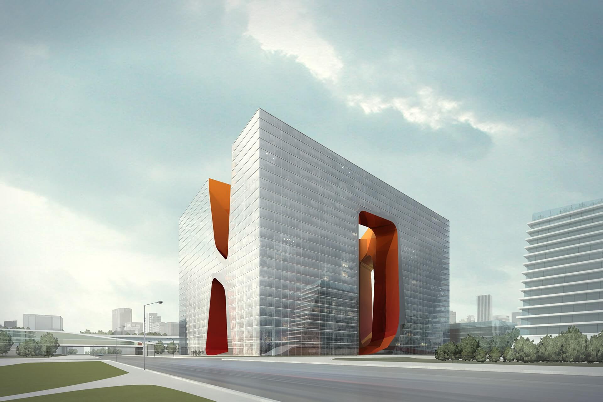 Modern glass building with unique orange cut-out architectural design.