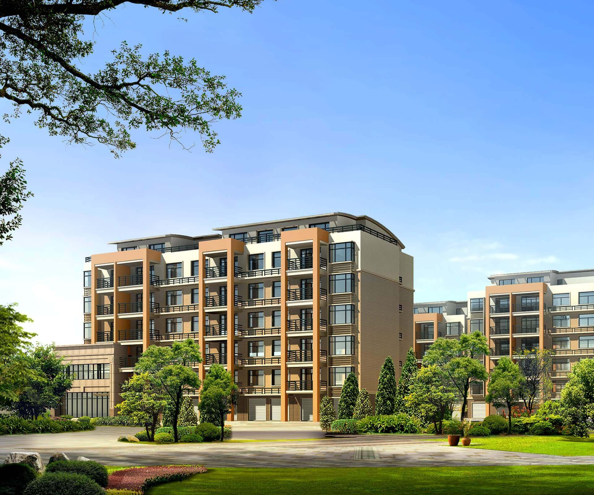 Modern apartment complex surrounded by greenery under clear blue sky.