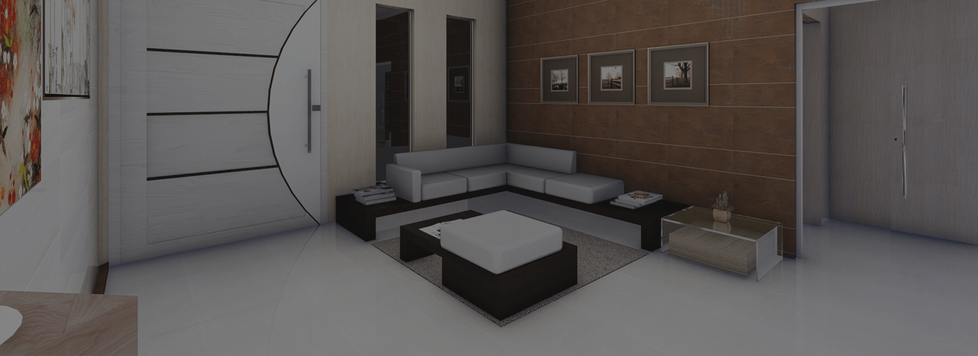 Modern living room with gray sofa and wooden accents.