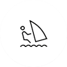 Stick figure windsurfing on water.
