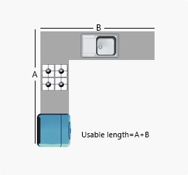 L-shaped kitchen layout with stove, sink, and refrigerator.