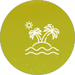 Icon of a tropical island with sun, palm trees, and waves on a green circle.