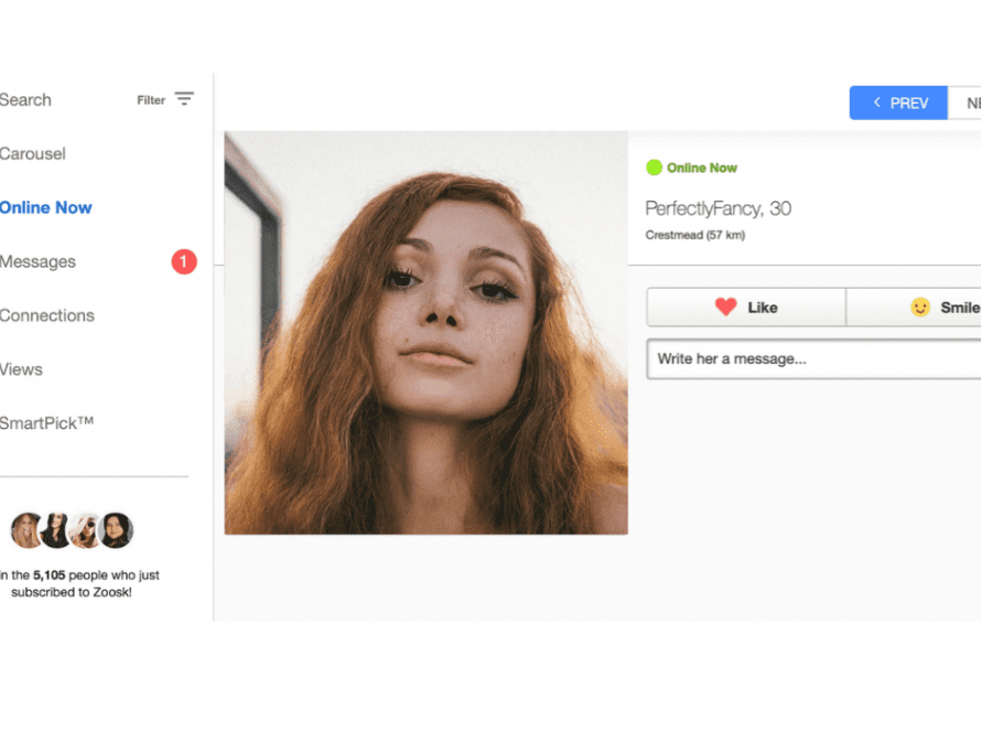 Online dating profile interface with user photo.