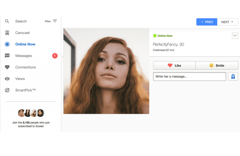 Online dating profile interface with user photo.