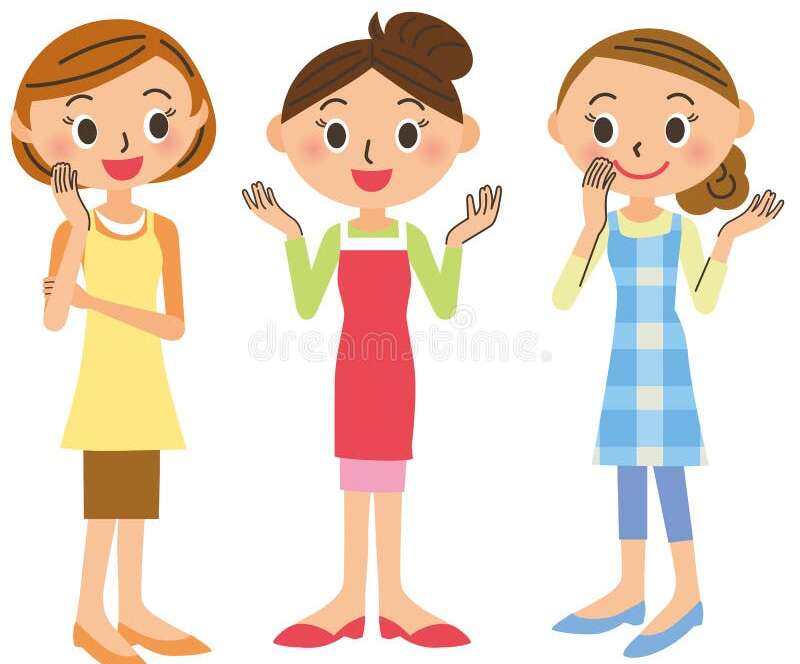 Three cartoon women in colorful aprons.