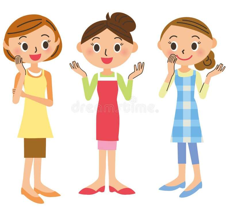 Three cartoon women in colorful aprons.